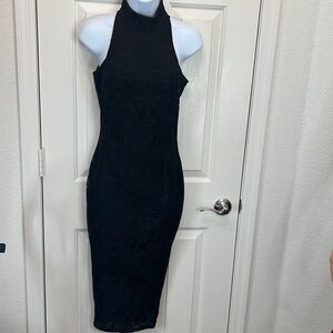 HMS Dress Hot Miami Styles Turtle Neck Sleeveless Black Floral Lace Lined Midi